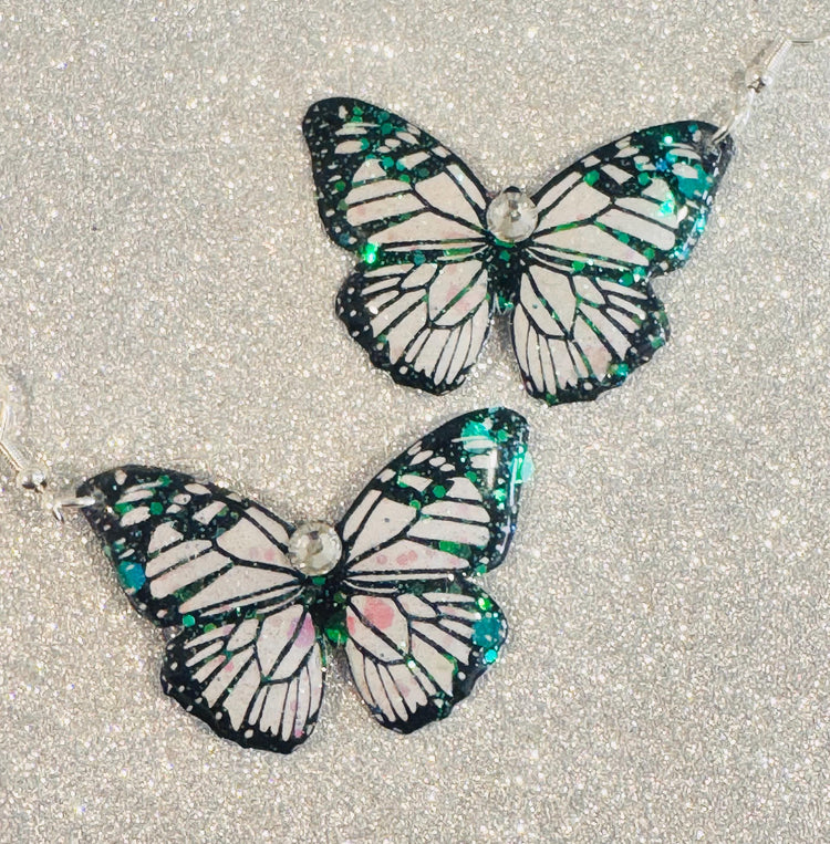 Black and white drop butterfly earrings