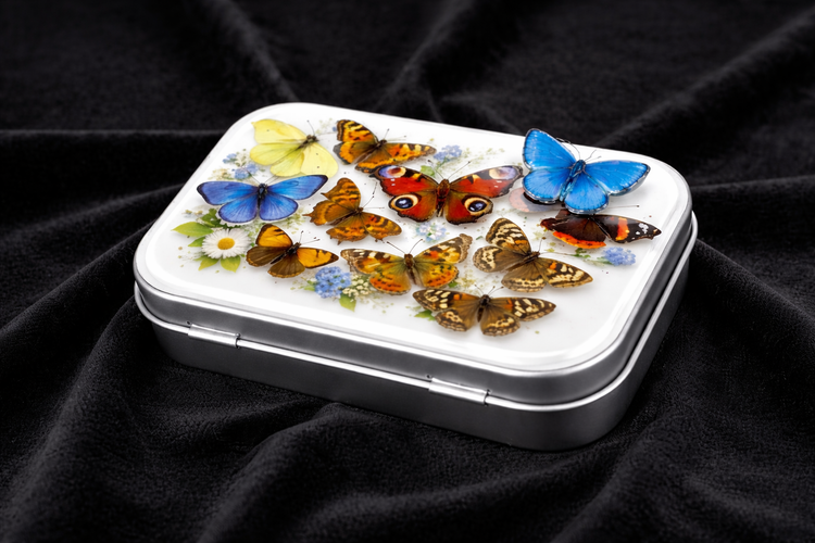 Small rectangular tin with colorful butterfly illustrations handmade