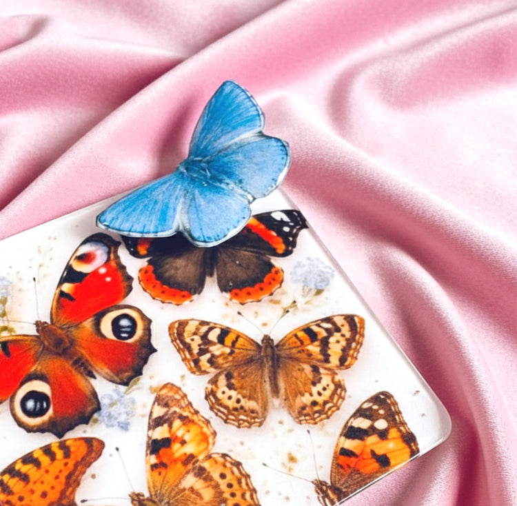 Collection of colorful butterflies on a small personalised tin. Handcrafted