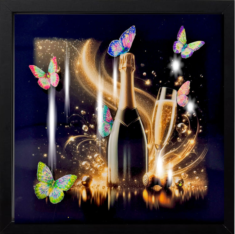 *Flutter and Fizz 2*. Champagne bottle modern Colourful glitzy 3d picture