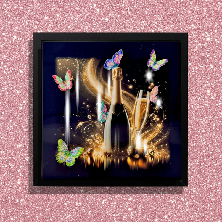 Framed artwork of a champagne bottle with colorful butterflies on a black background