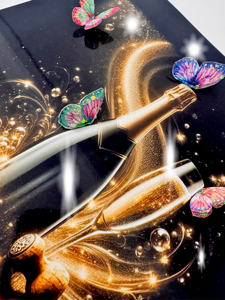 Champagne bottle with Colourful butterflies glitzy 3d picture