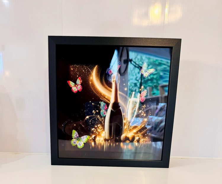Champagne bottle with Colourful 3d butterflies glitzy 3d picture