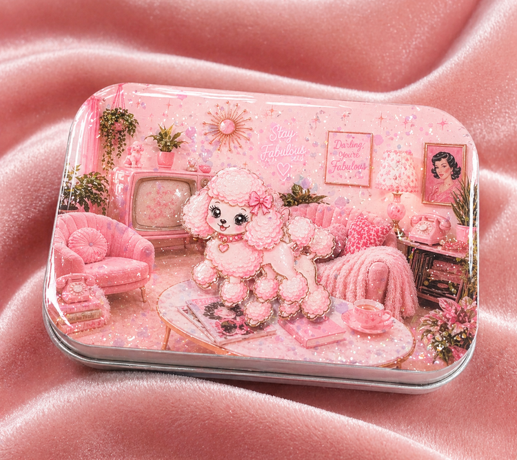 Pink poodle small handmade tin with magnet