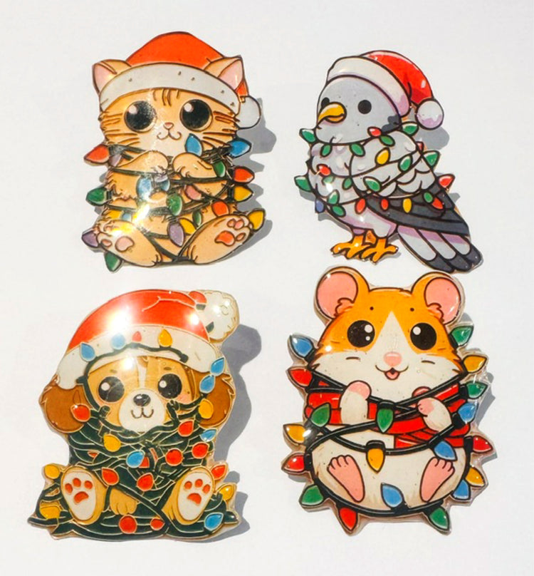cute Christmas animal , pet fridge magnets or enamel pins. Tin can art