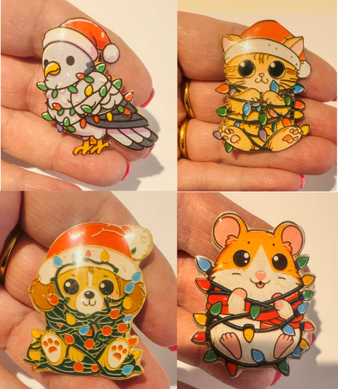 cute Christmas  pet fridge magnets or enamel pins. Tin can art. Unique gift