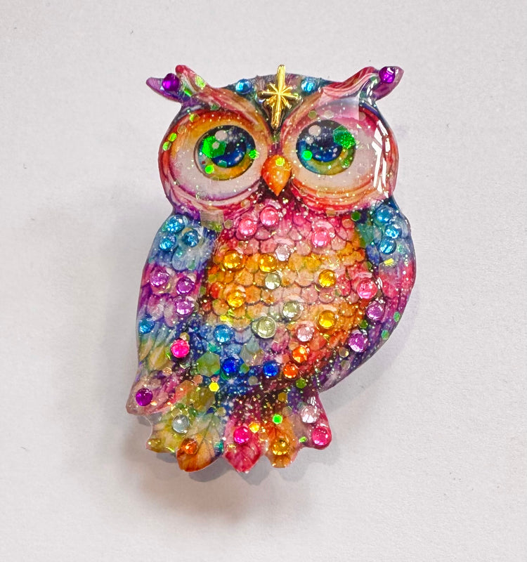 Colorful owl-shaped brooch