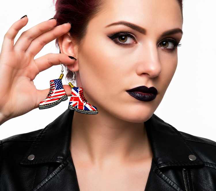 Dr Marten USA and Union Jack flag boot earrings. Unique