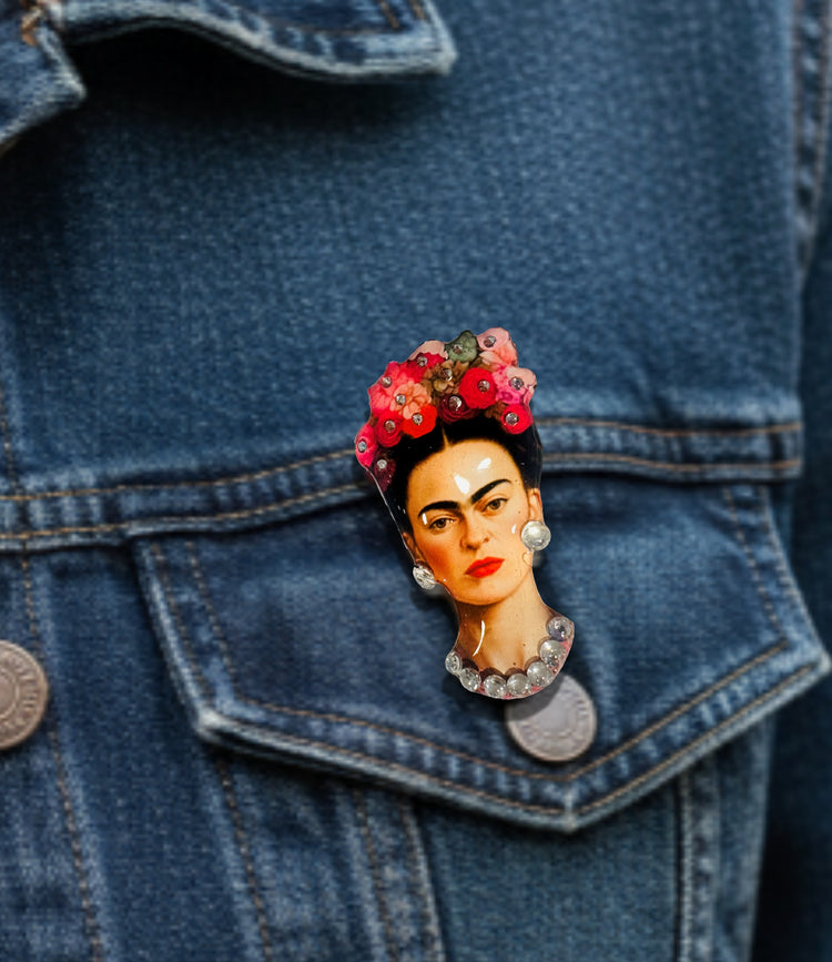 Frida Kahlo brooch on a denim jacket