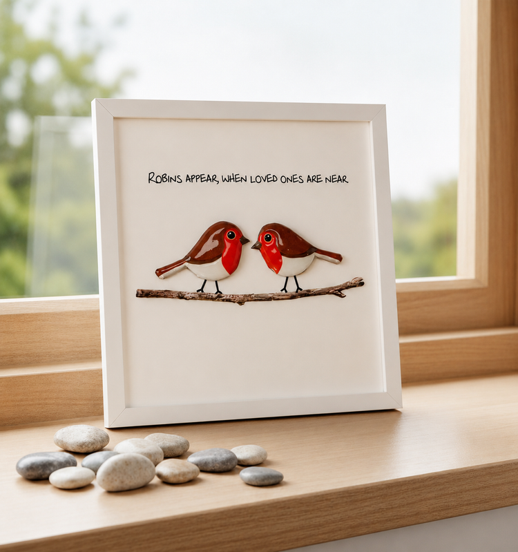 Framed artwork of two robins on a branch