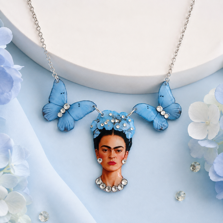 Frida Kahlo blue butterfly necklace and stud earrings
