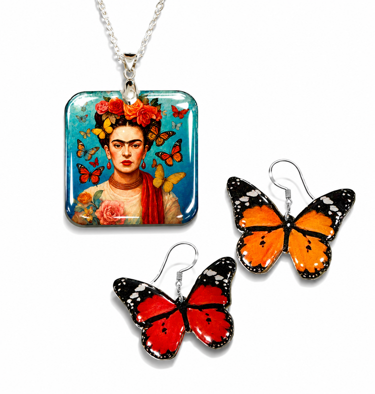 Frida Kahlo pendant and butterfly earrings