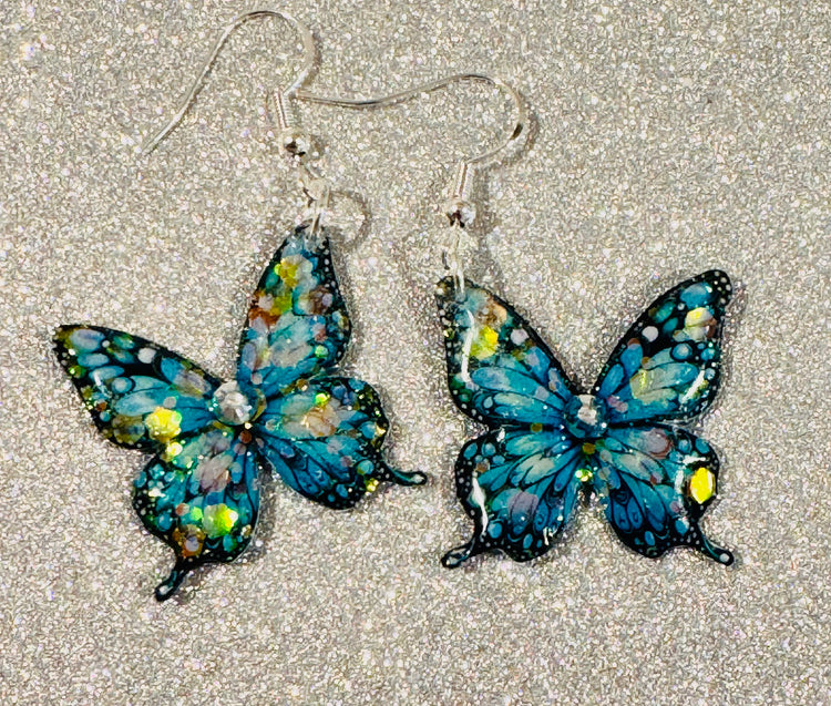 Teal butterfly small dangle earrings, handmade