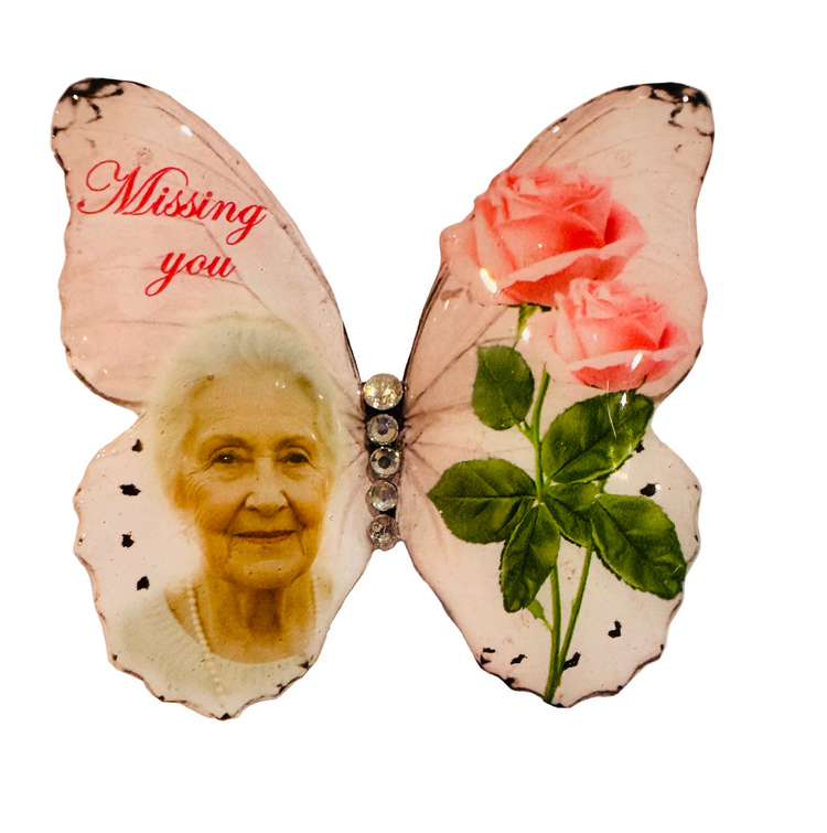 Funeral, memorial photo personalised butterfly brooch