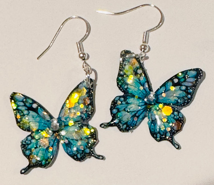 Teal butterfly drop earrings, handmade