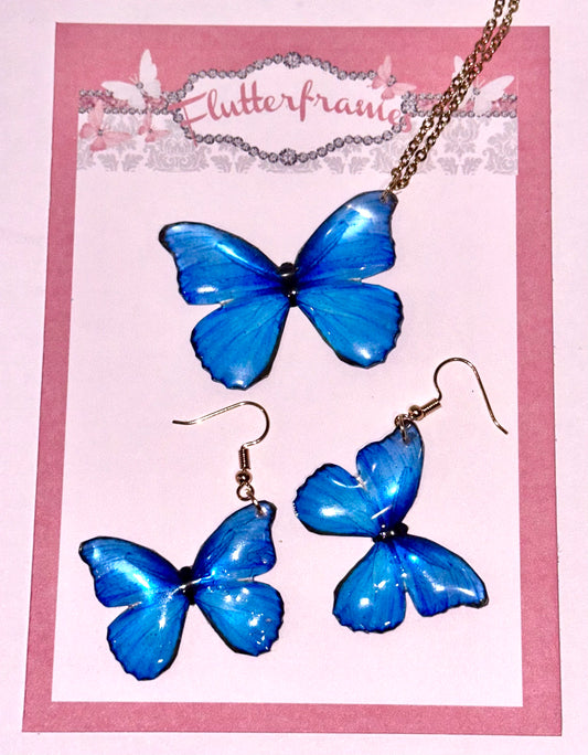 Blue Morpho butterfly earrings and pendant.