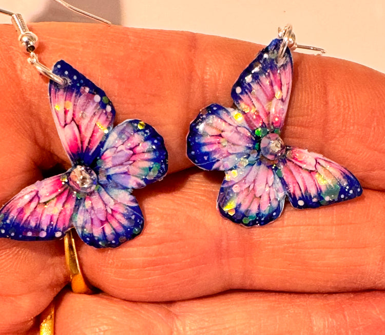 Pink butterfly dangle earrings, handmade
