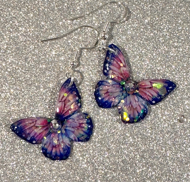 Pink and purple unique butterfly dangle earrings, handmade