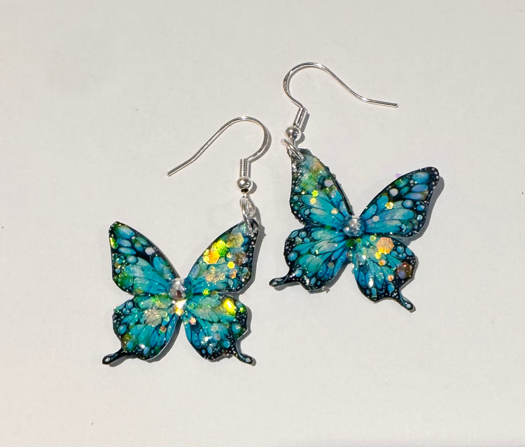 Super shiny Turquoise butterfly drop earrings, handmade