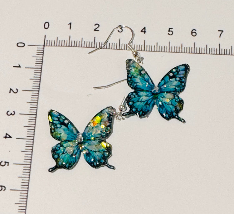 Teal butterfly dangle earrings, handmade
