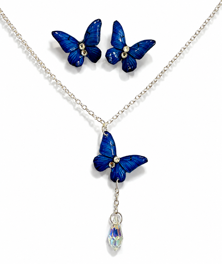 Handmade Butterfly Pendant and stud earrings with crystal teardrop crystal by flutterframes