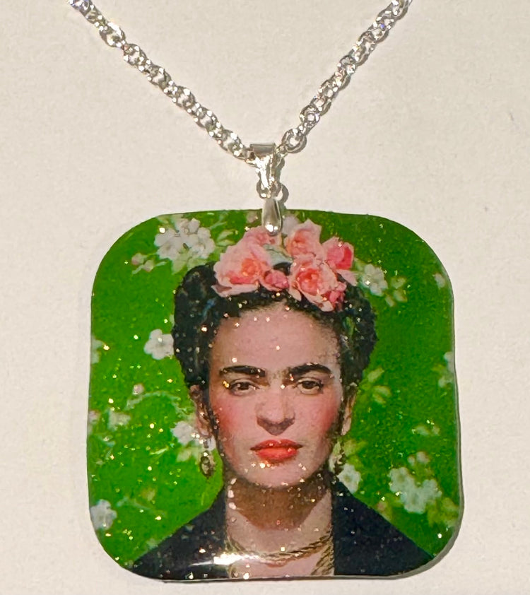 Freida Kahlo ,earrings and pendant set. Upcycled from tin cans. Tin anniversary gift. Recycled tin jewellery. Boho quirky gift