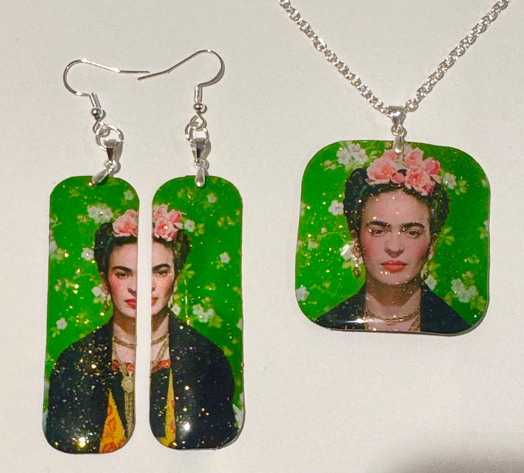 Freida Kahlo ,earrings and pendant set. Upcycled from tin cans. Tin anniversary gift. Recycled tin jewellery. Boho quirky gift