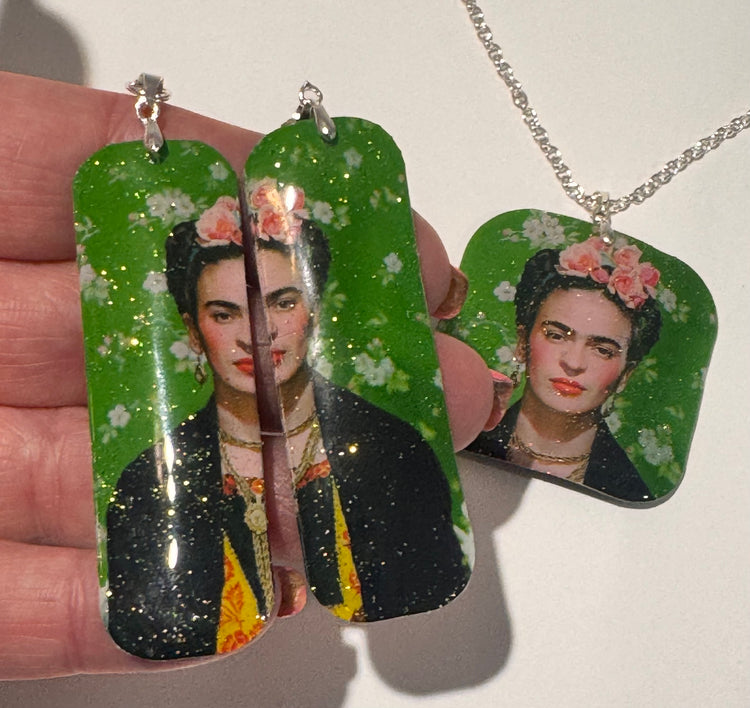 Freida Kahlo ,earrings and pendant set. Upcycled from tin cans. Tin anniversary gift. Recycled tin jewellery. Boho quirky gift