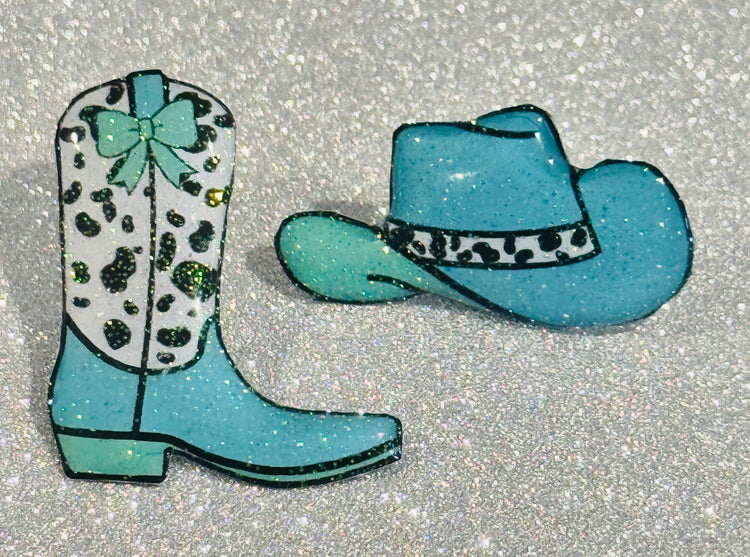 Teal turquoise cowboy boots and hat unique pins