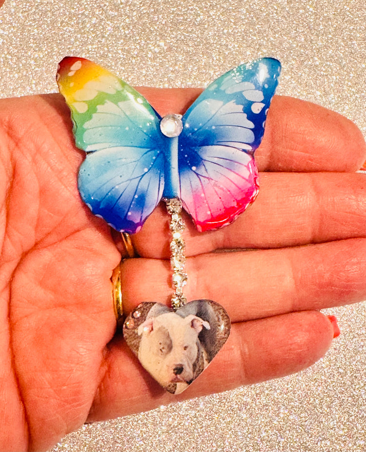 Personalised dog photo pin recycled from tin cans