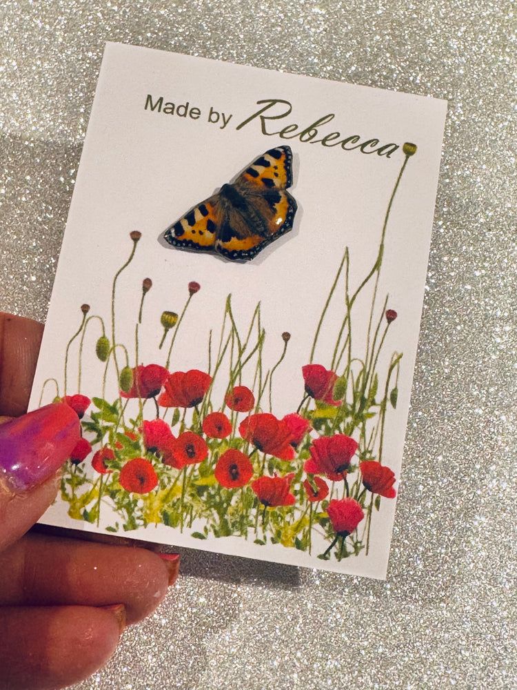 Tortoiseshell Butterfly Pin lapel brooch .Enamel tin can pin