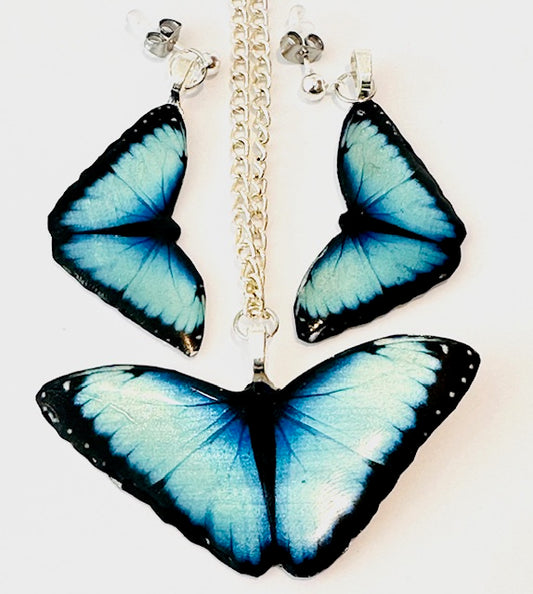 blue morpho butterfly earrings and pendant
