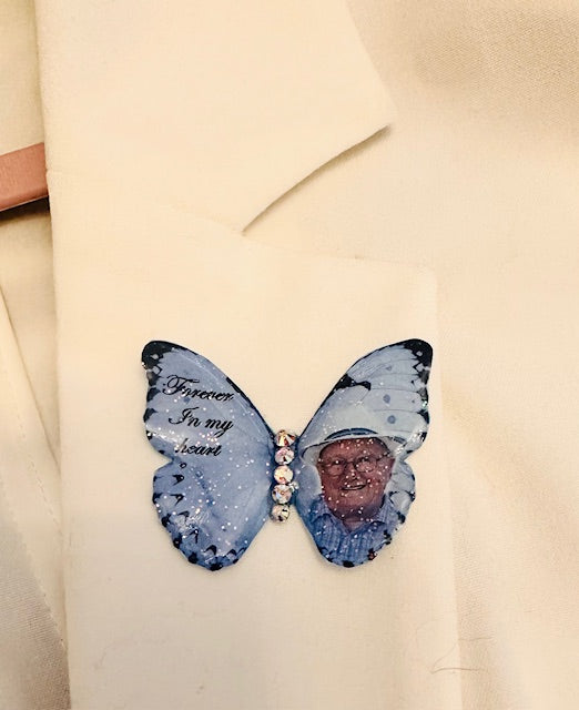 Butterfly photo,personalised keepsake,funeral attire hairclip,for funeral flowers,new baby memento, brooch,hairclip, decor, trinket.