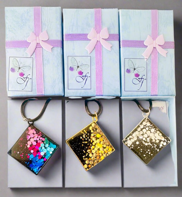 square gold, silver, rainbow glitter shining pendant