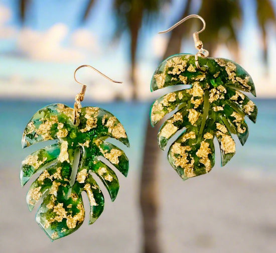 green Quirky earrings tropical leaves