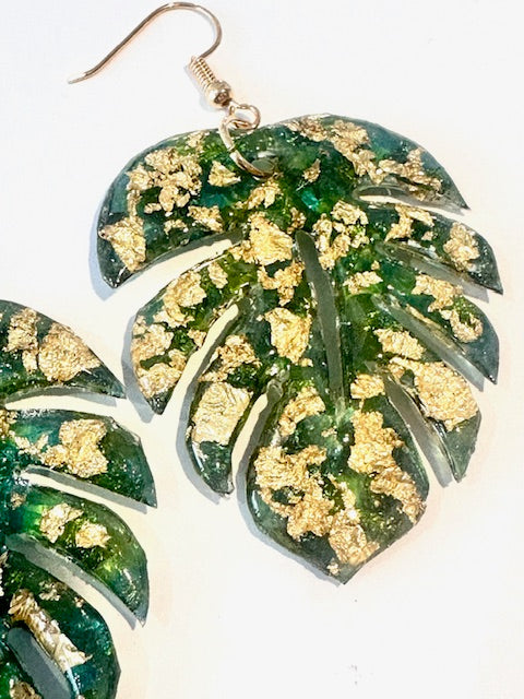 gold flake green Monstera leaves earrings