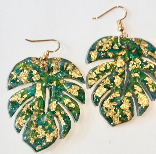 Tropical green resin monstera leaf earrings handmade