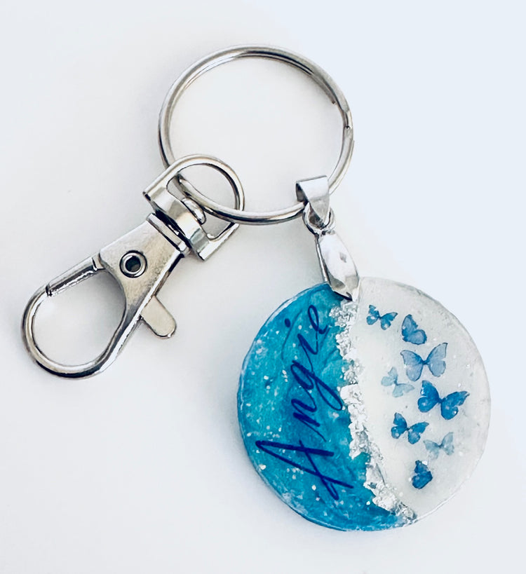 Blue butterfly personalised key charm with name