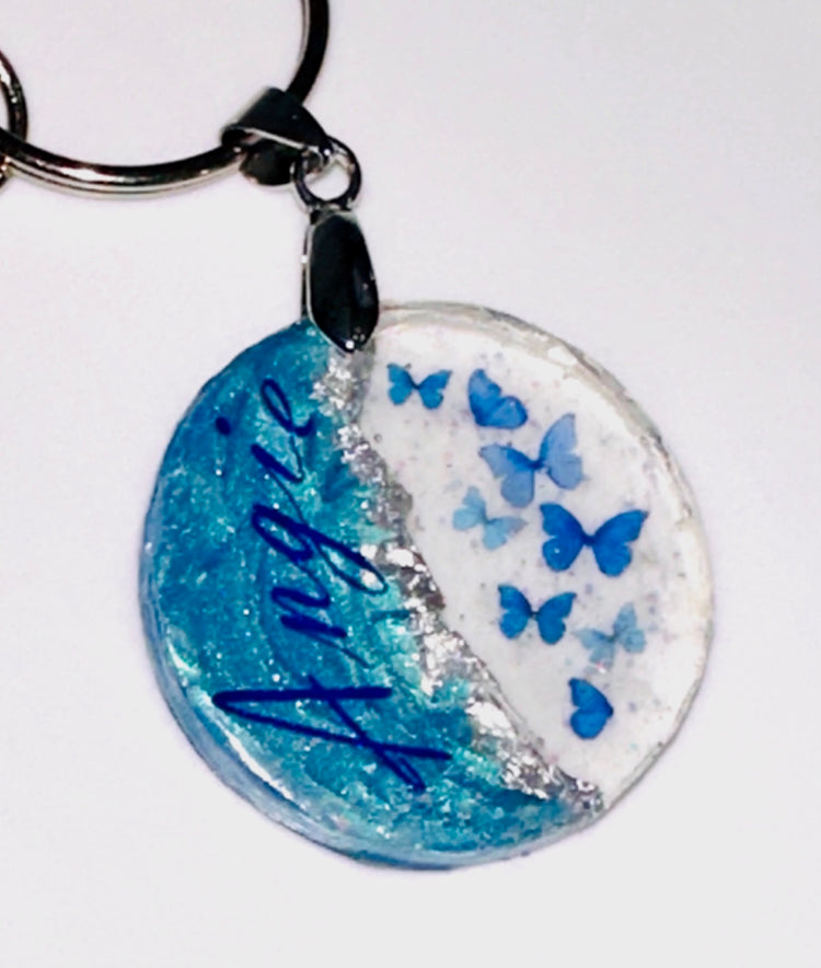 Blue butterfly personalised key chain with name