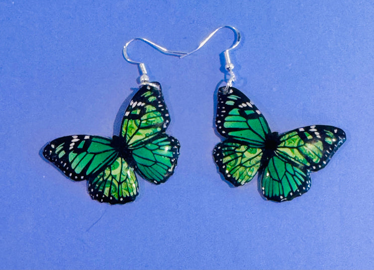 green butterfly handmade earrings made from tin cans