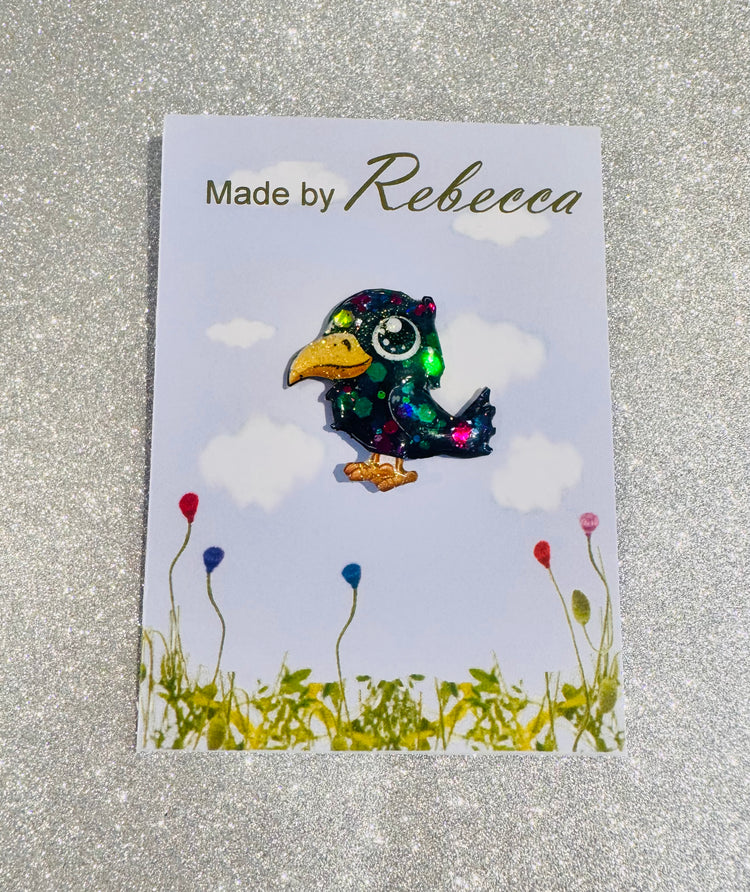 Crow tin pin handmade from soda cans