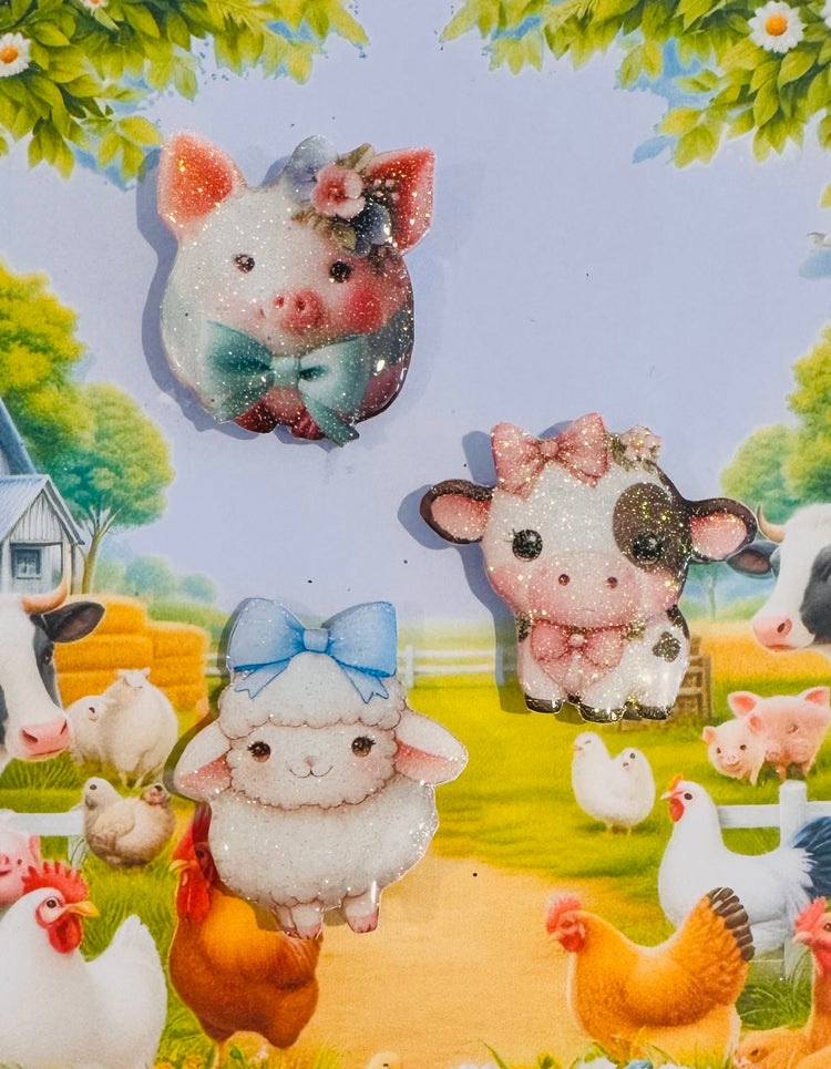 set of 3 farmyard animal magnets. Enamel shiny