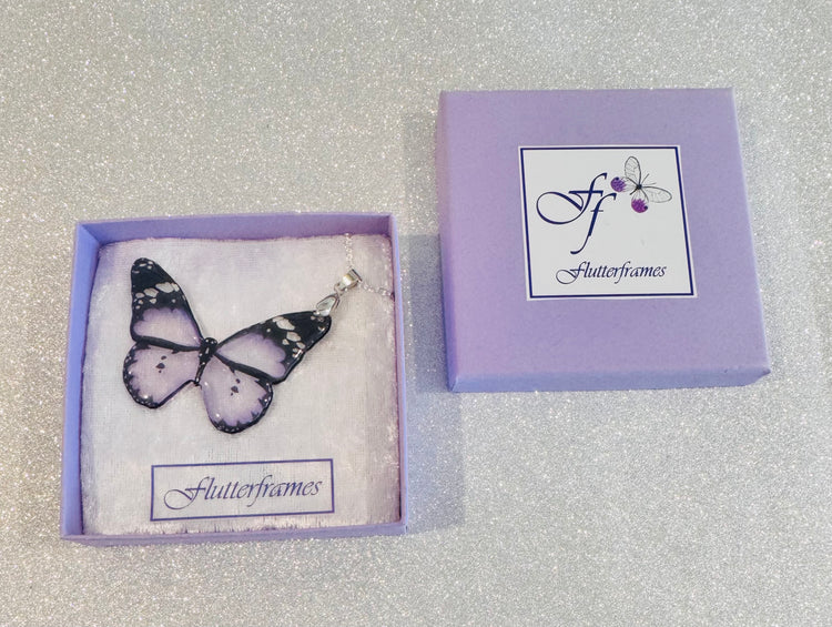 Lilac Monarch translucent butterfly necklace hand crafted