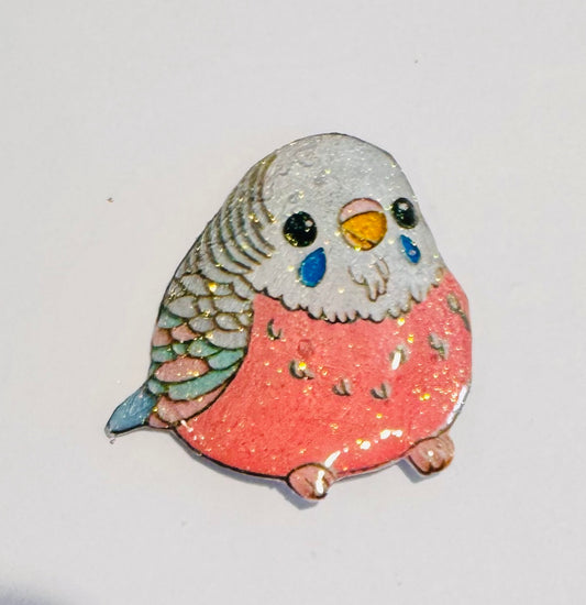 Cute pink budgie fridge magnet, enamel pin