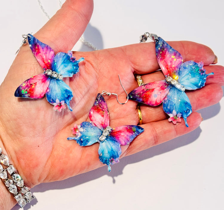 tin can butterfly necklace and earrings