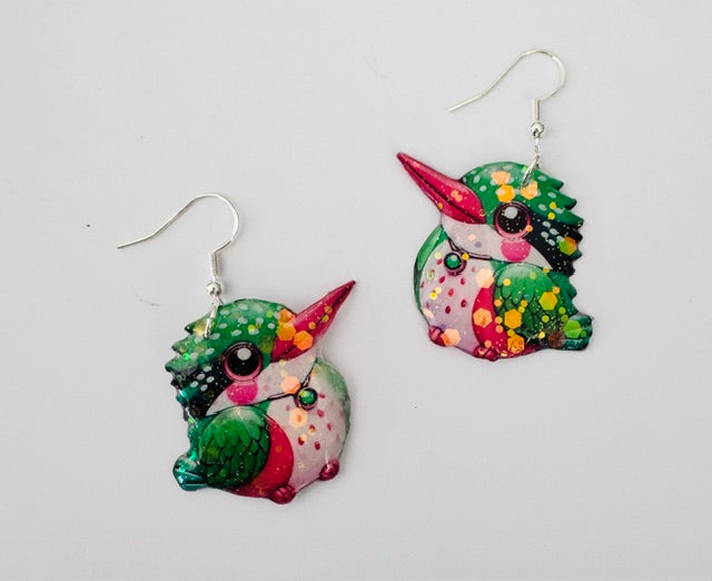 Kingfisher dangle earrings. Recycled tin can jewellery.