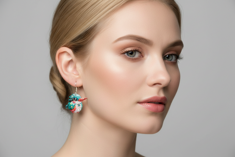 Cute chubby Kingfisher dangle earrings. Recycled tin can jewellery. Unique and chic.Exotic sparkly Jewellery for Bird Lovers.