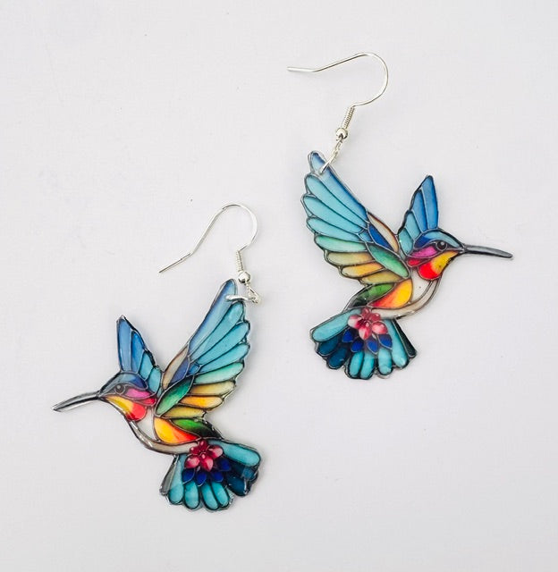 Kingfisher stained glass unique earrings.