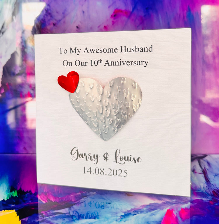 10th anniversary tin card. REAL tin heart card with red butterfly