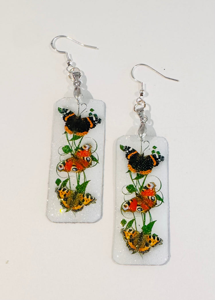 British butterflies, Red Admiral, Peacock and Tortoiseshell. Butterfly dangle earrings